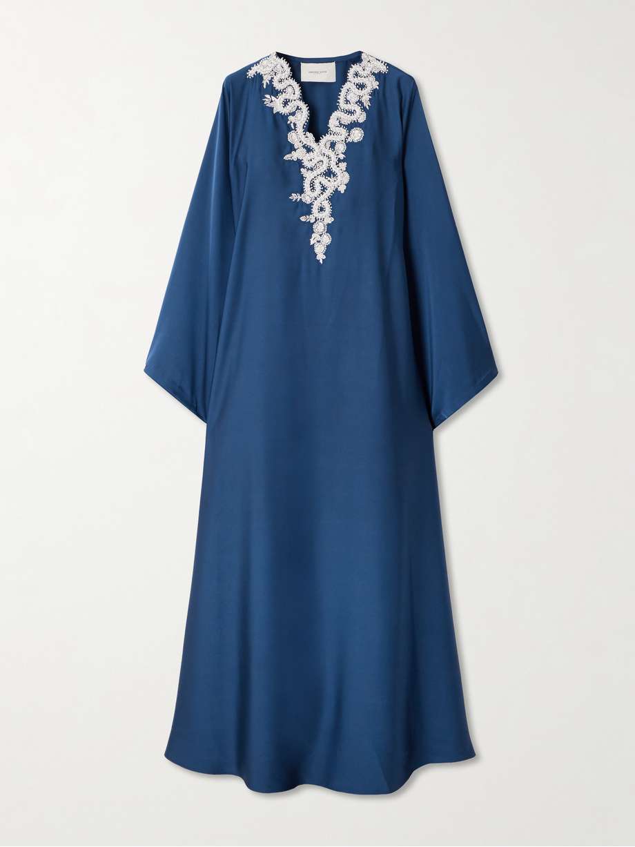 faux pearl-embellished embroidered twill gown