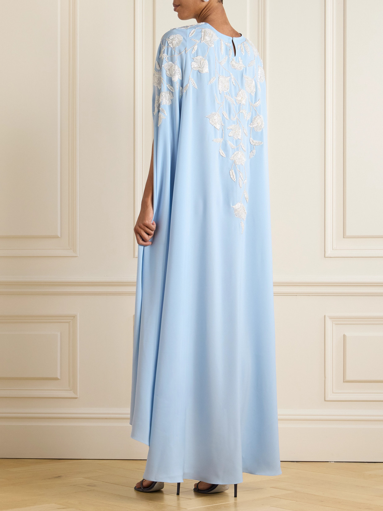 Shatha Essa Bead-embellished Cape-effect Crepe Gown In Blue