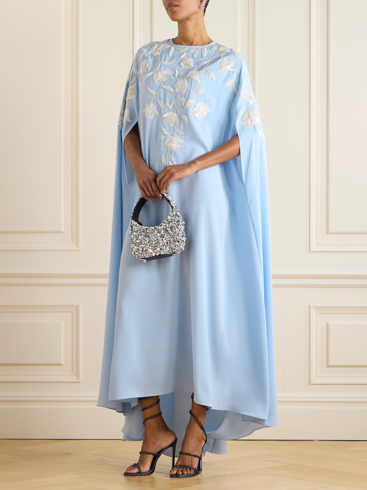 Shatha Essa Bead-embellished Cape-effect Crepe Gown In Blue