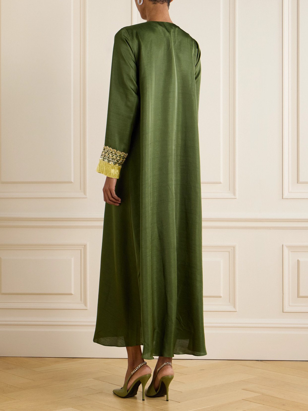 Shatha Essa Fringed Embellished Embroidered Silk-blend Gown In Green