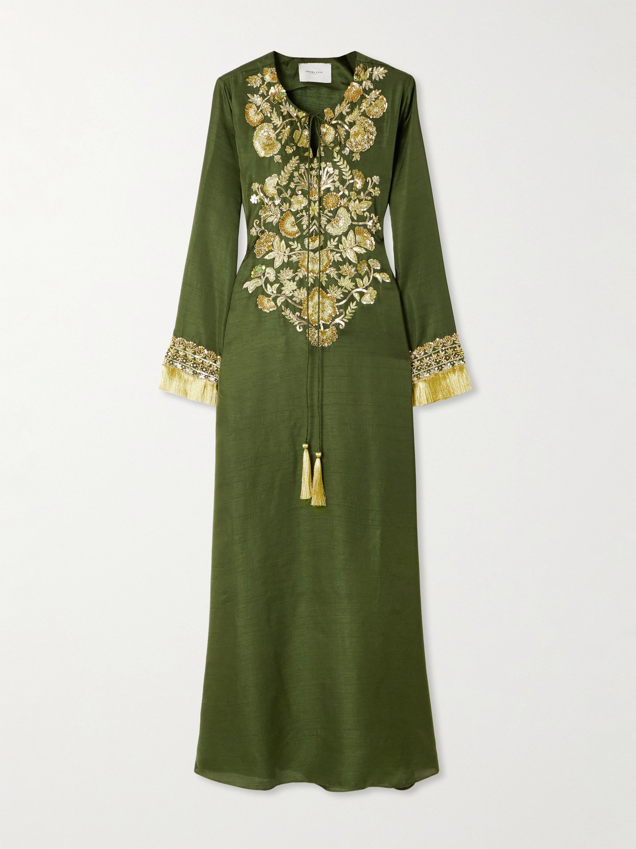Shatha Essa Fringed Embellished Embroidered Silk-blend Gown In Green
