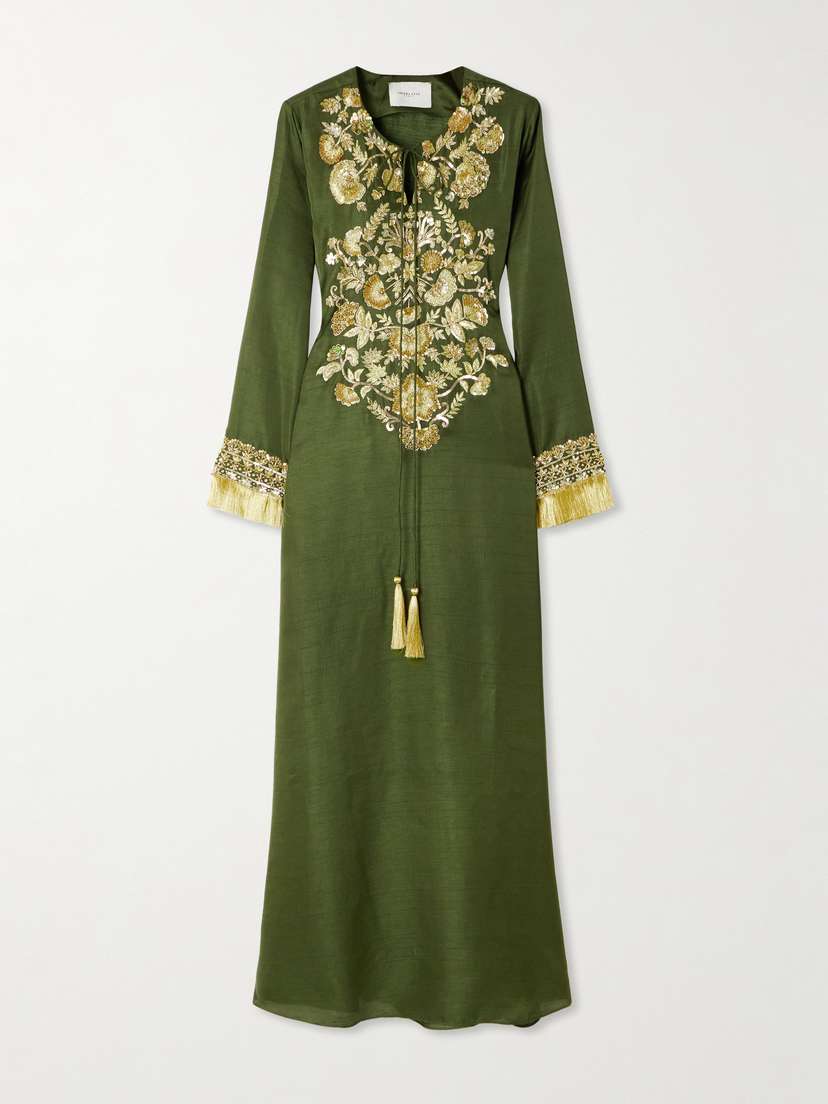 Shatha Essa Fringed Embellished Embroidered Silk-blend Gown