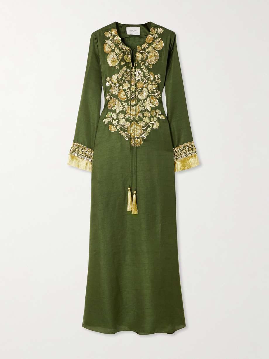 fringed embellished embroidered silk-blend gown