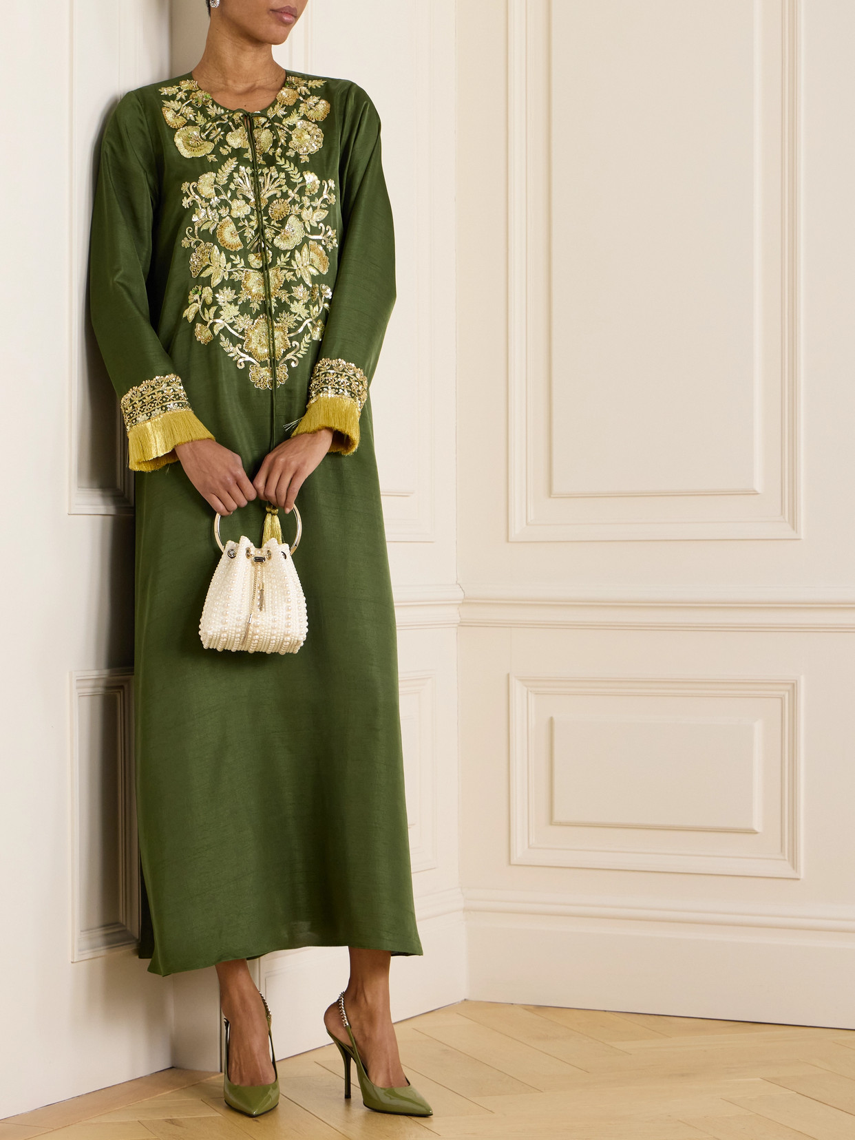 Shatha Essa Fringed Embellished Embroidered Silk-blend Gown In Green