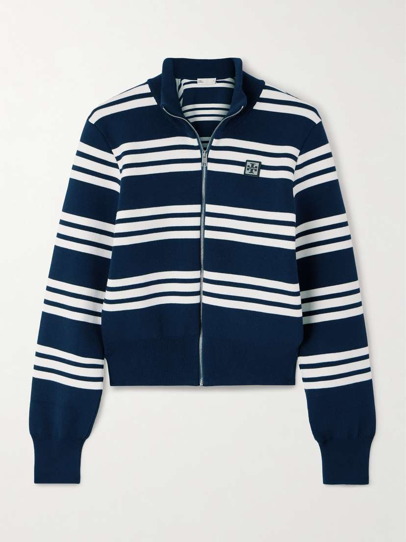 Tory Sport Appliquéd Striped Ribbed-knit Cardigan