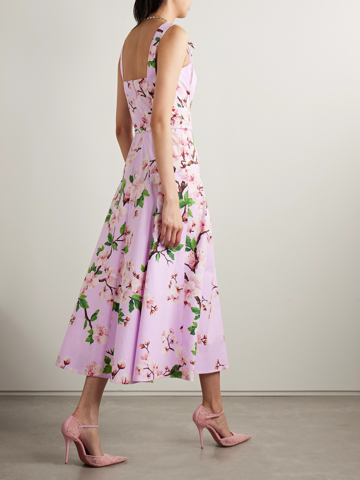 Oscar De La Renta Belted Bow-detailed Floral-print Stretch-cotton Poplin Midi Dress