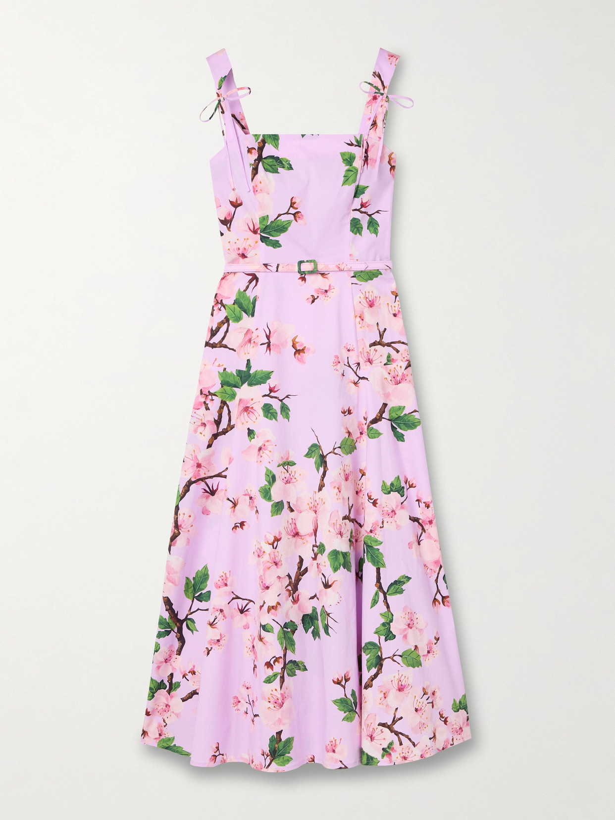 Oscar De La Renta Belted Bow-detailed Floral-print Stretch-cotton Poplin Midi Dress