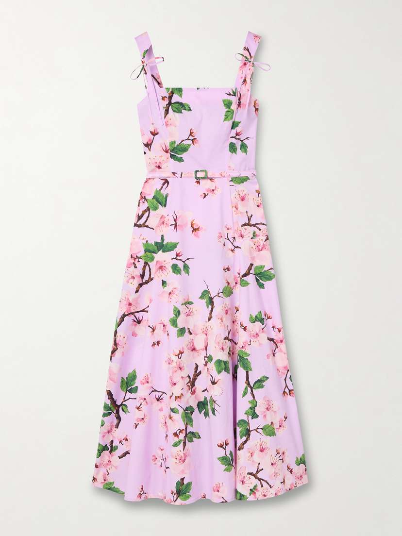 Oscar de la Renta Belted Bow-detailed Floral-print Stretch-cotton Poplin Midi Dress