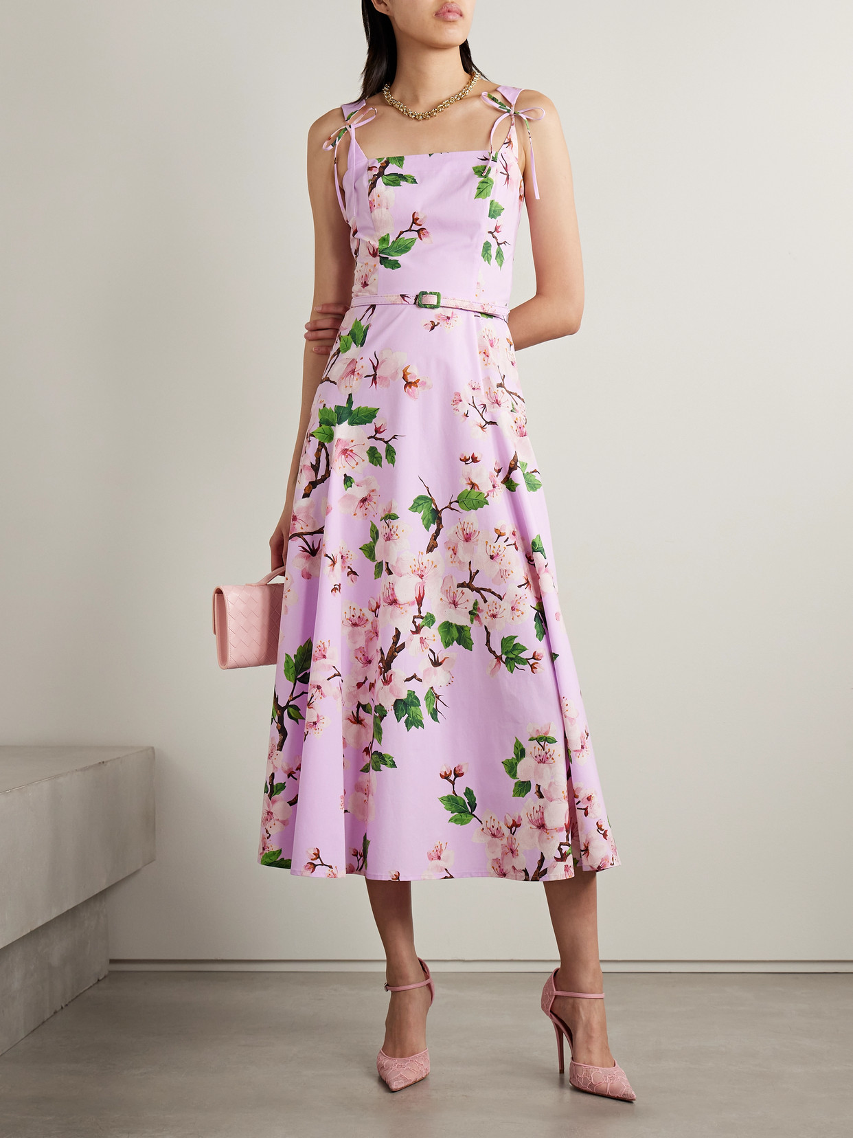 Oscar De La Renta Belted Bow-detailed Floral-print Stretch-cotton Poplin Midi Dress
