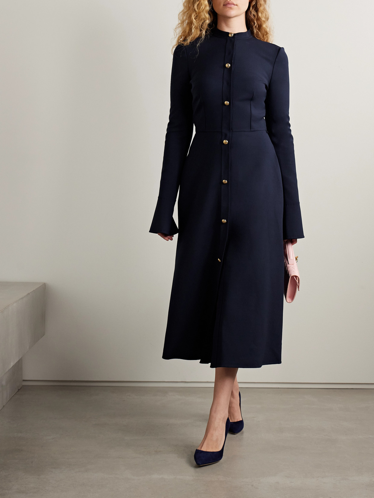 OSCAR DE LA RENTA BELTED WOOL-BLEND MIDI DRESS