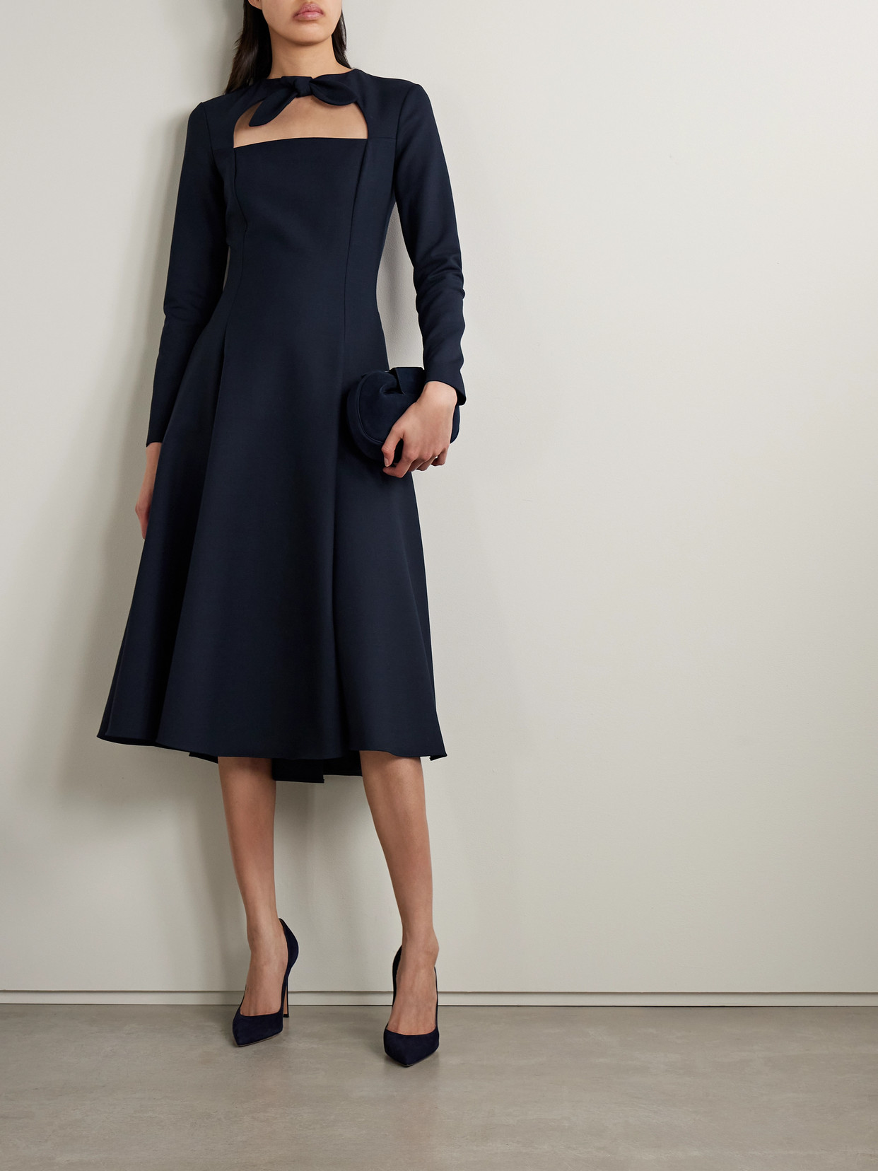 Oscar De La Renta Tie-neck Cutout Wool-blend Midi Dress
