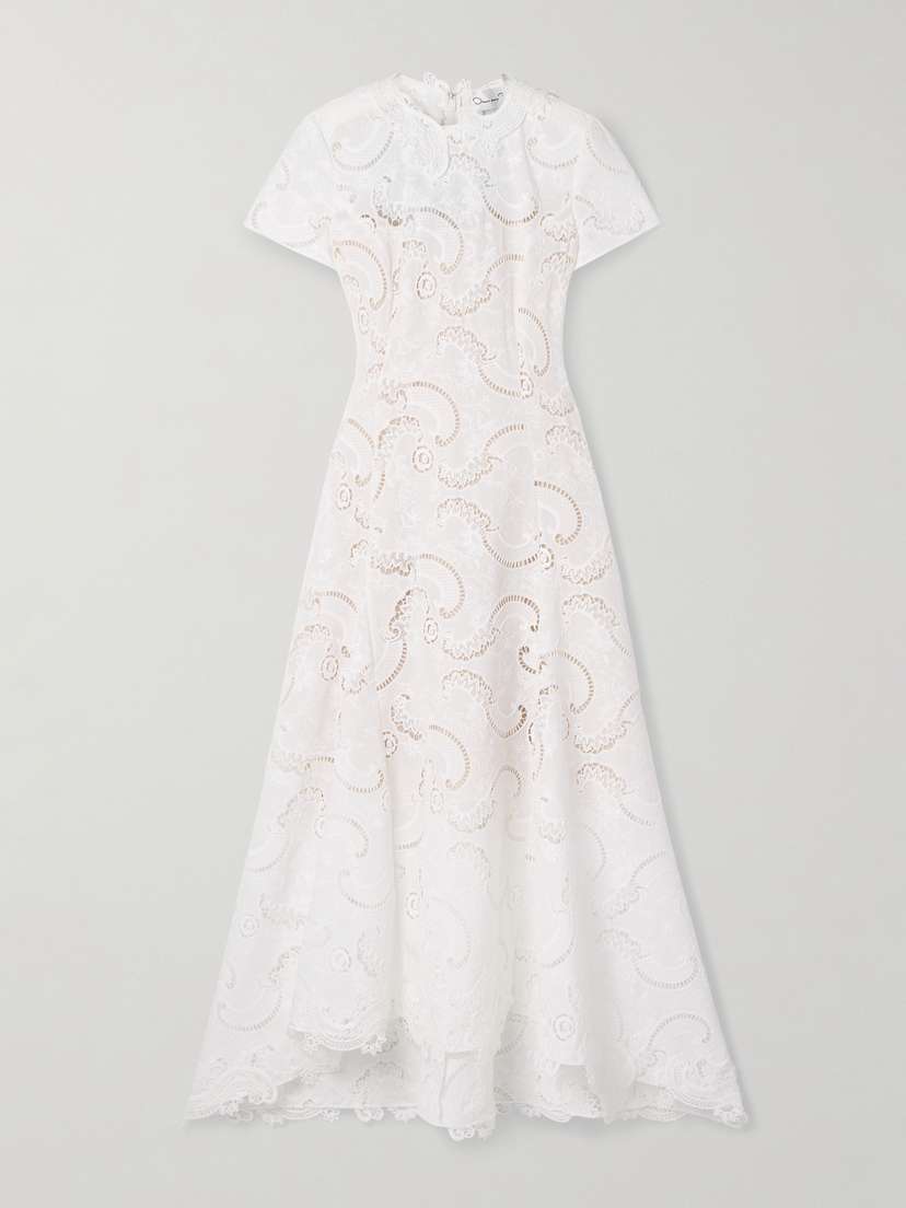 Oscar de la Renta Scroll Asymmetric Guipure Lace Midi Dress