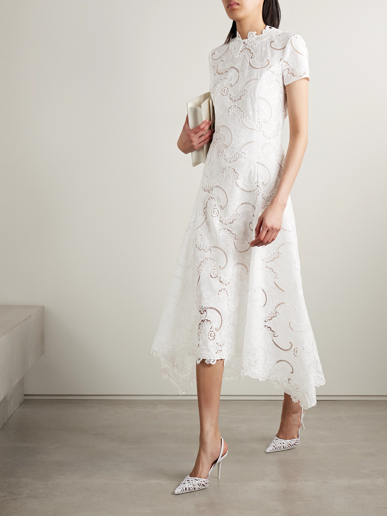 Oscar De La Renta Scroll Asymmetric Guipure Lace Midi Dress