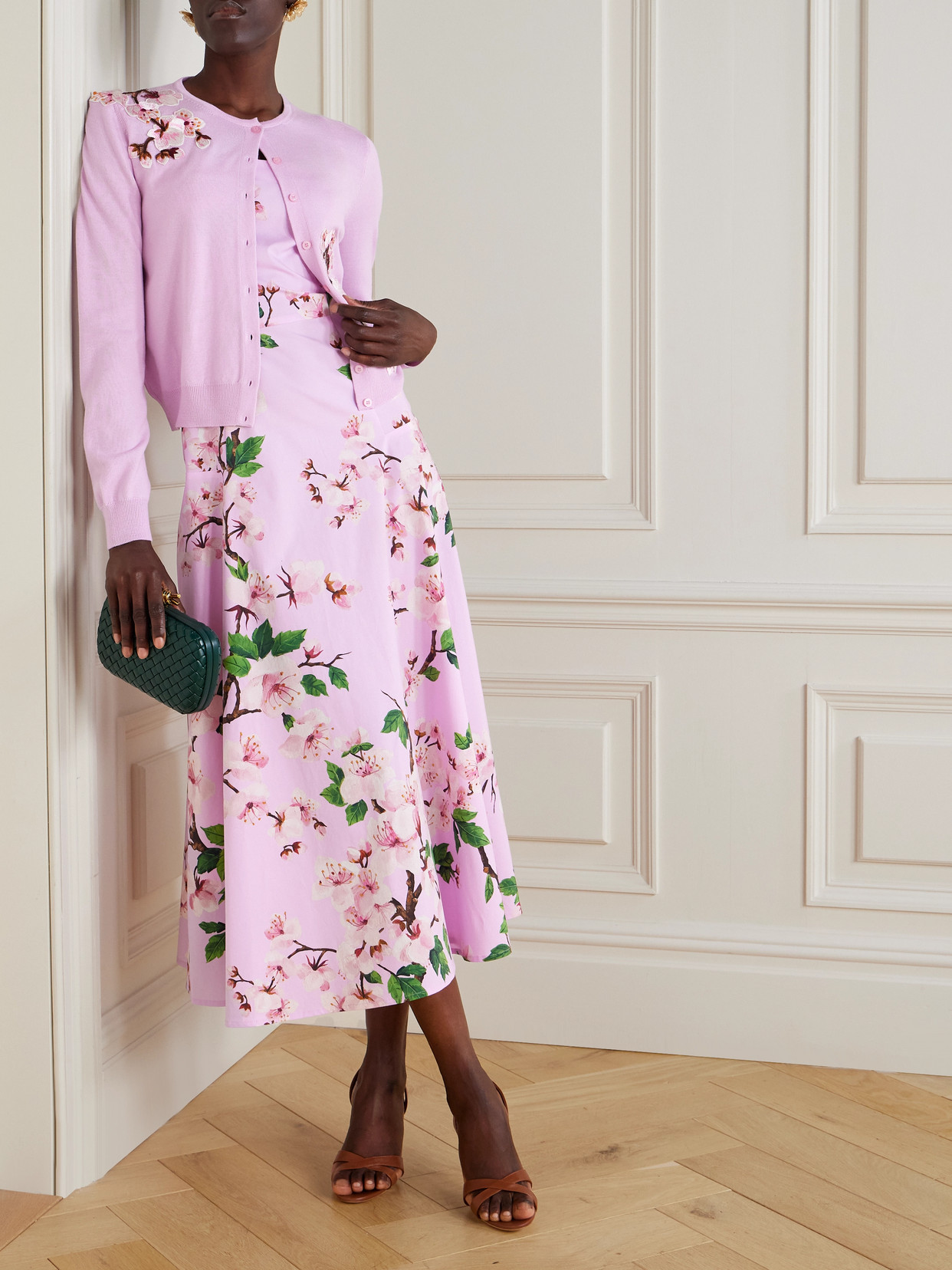 Oscar De La Renta Wool Floral Applique Cardigan In Pinksoft Pink