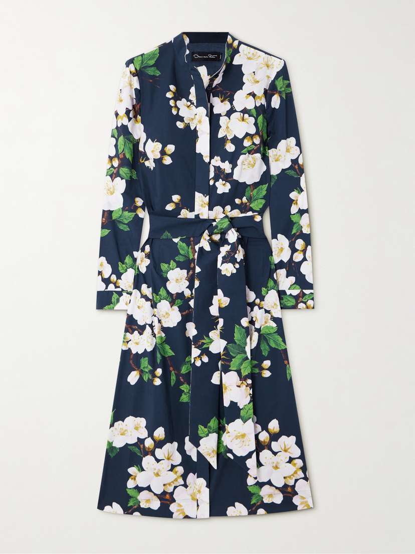 Oscar de la Renta Belted Floral-print Cotton-blend Poplin Midi Shirt Dress