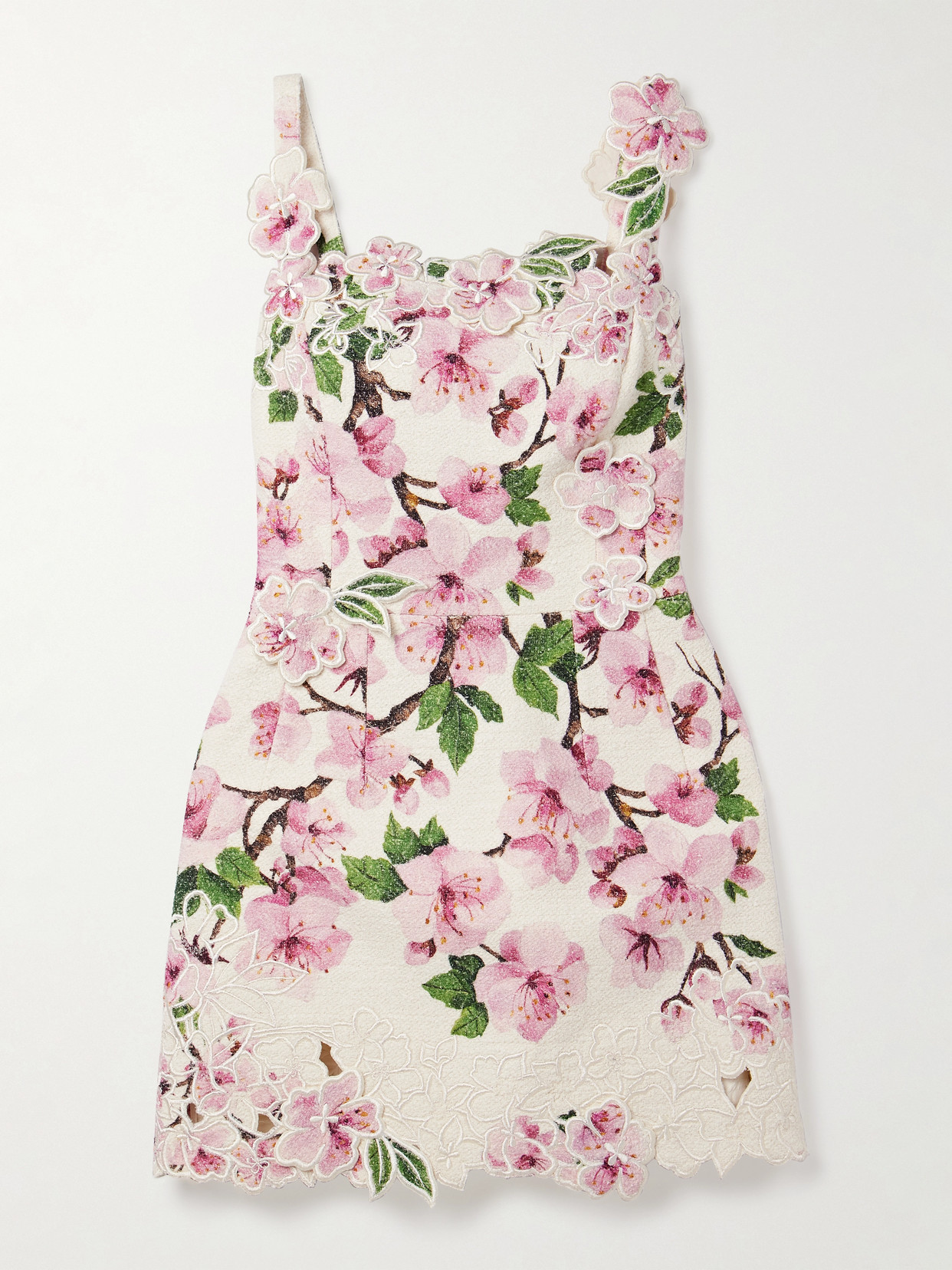 Oscar De La Renta Appliquéd Floral-print Cotton-blend Bouclé Mini Dress In White