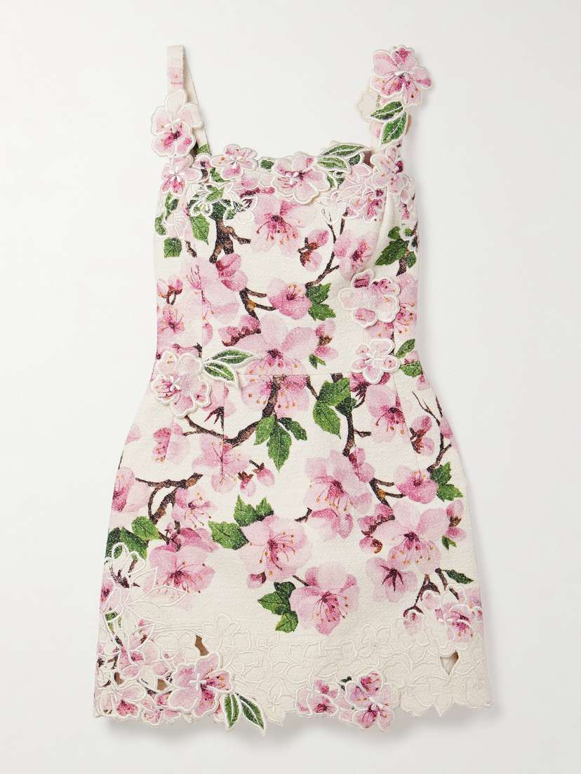 Oscar de la Renta Appliquéd Floral-print Cotton-blend Bouclé Mini Dress