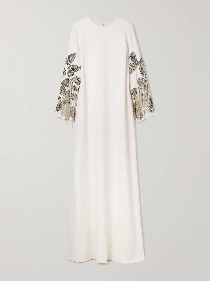 Oscar de la Renta Embroidered Embellished Silk-blend Crepe Gown