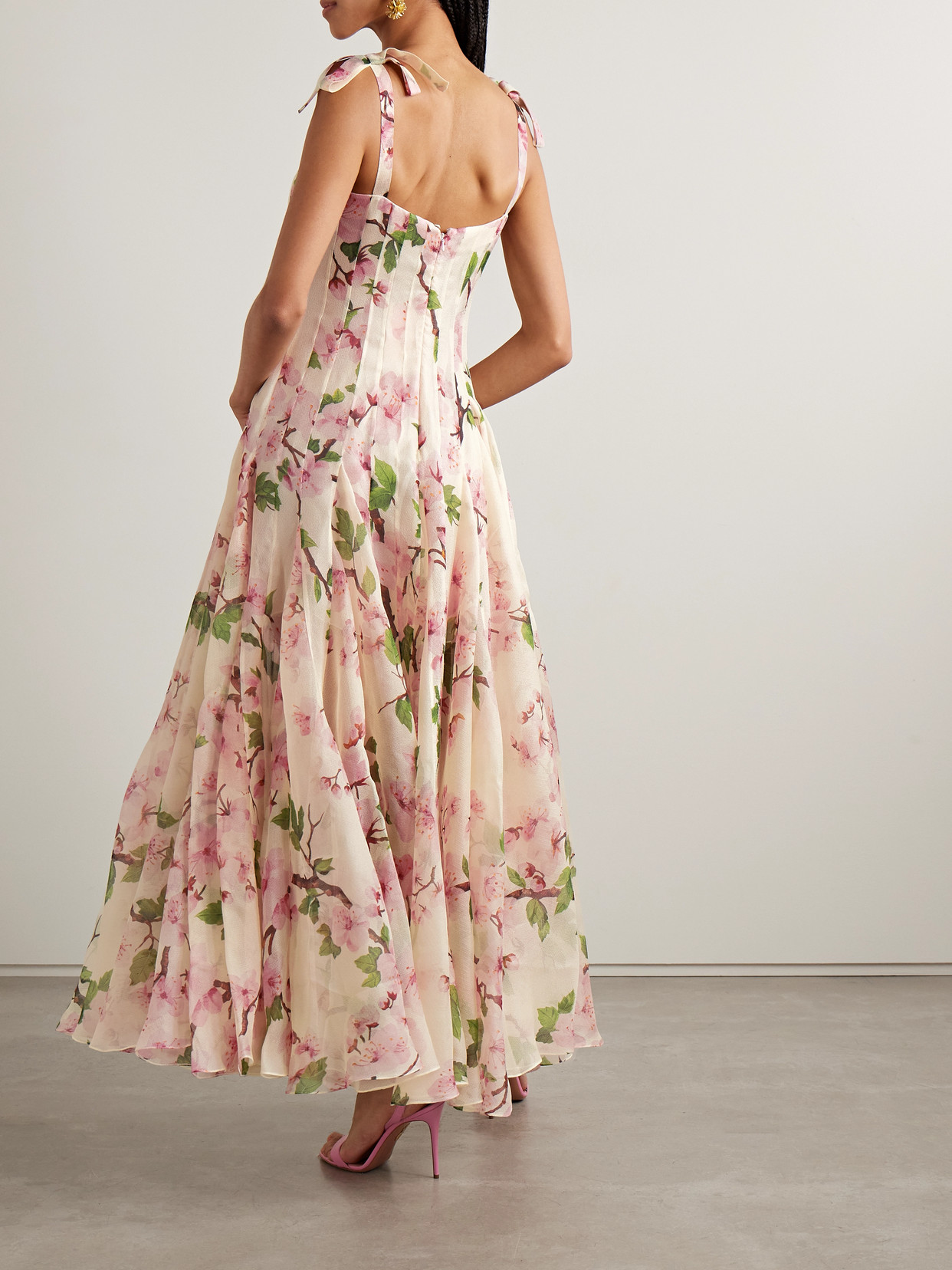 Oscar De La Renta Pleated Floral-print Silk-blend Organza Gown In Pink