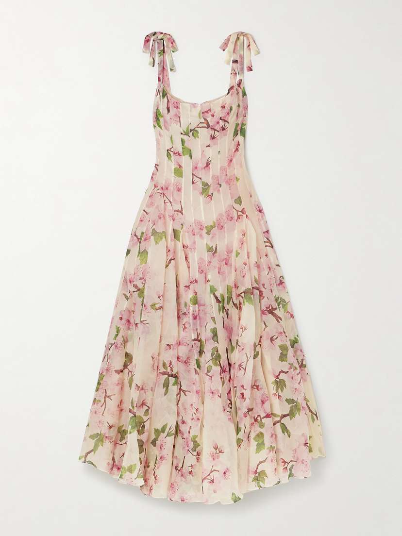 Oscar de la Renta Pleated Floral-print Silk-blend Organza Gown