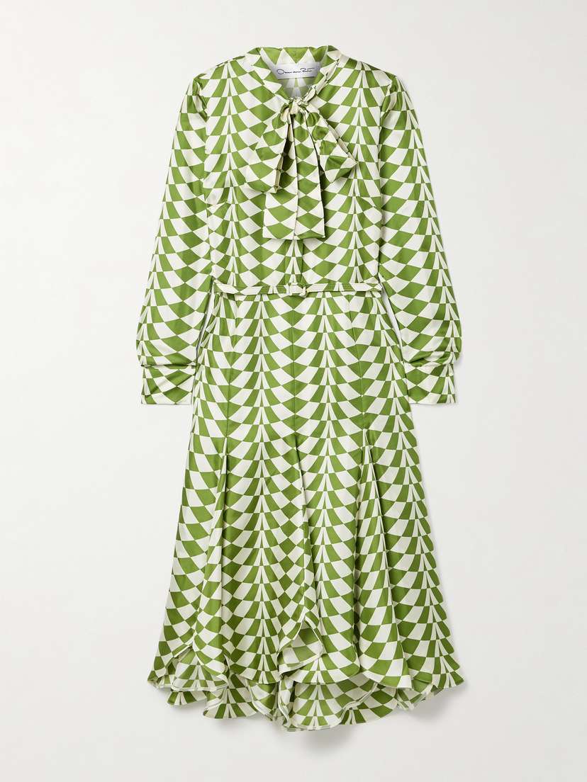 Oscar de la Renta Belted Pussy-bow Printed Silk-twill Midi Shirt Dress