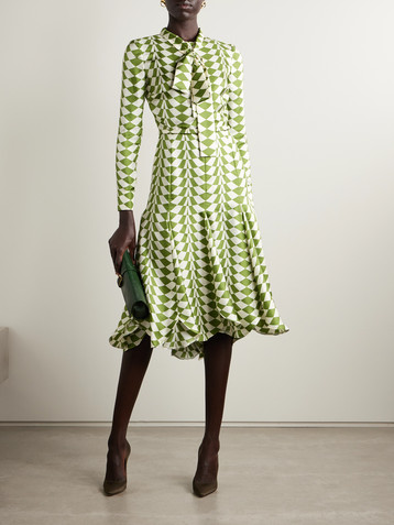 Oscar de la Renta Belted pussy-bow printed silk-twill midi shirt dress