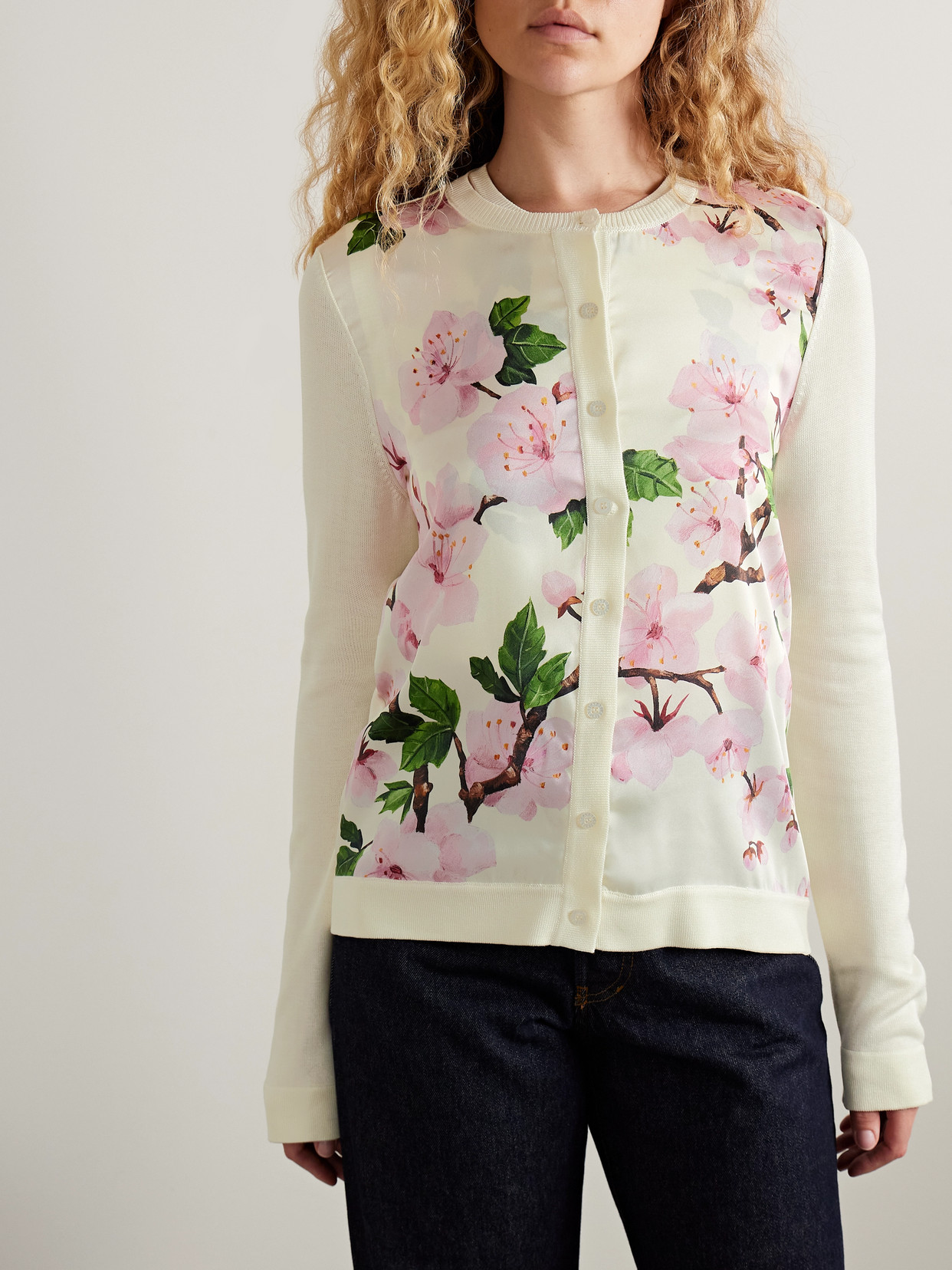 Oscar De La Renta Paneled Knitted And Floral-print Silk-blend Twill Cardigan