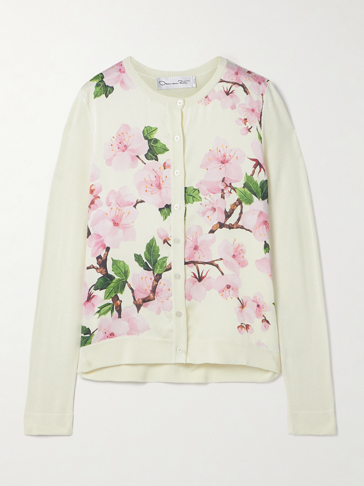 Oscar De La Renta Paneled Knitted And Floral-print Silk-blend Twill Cardigan
