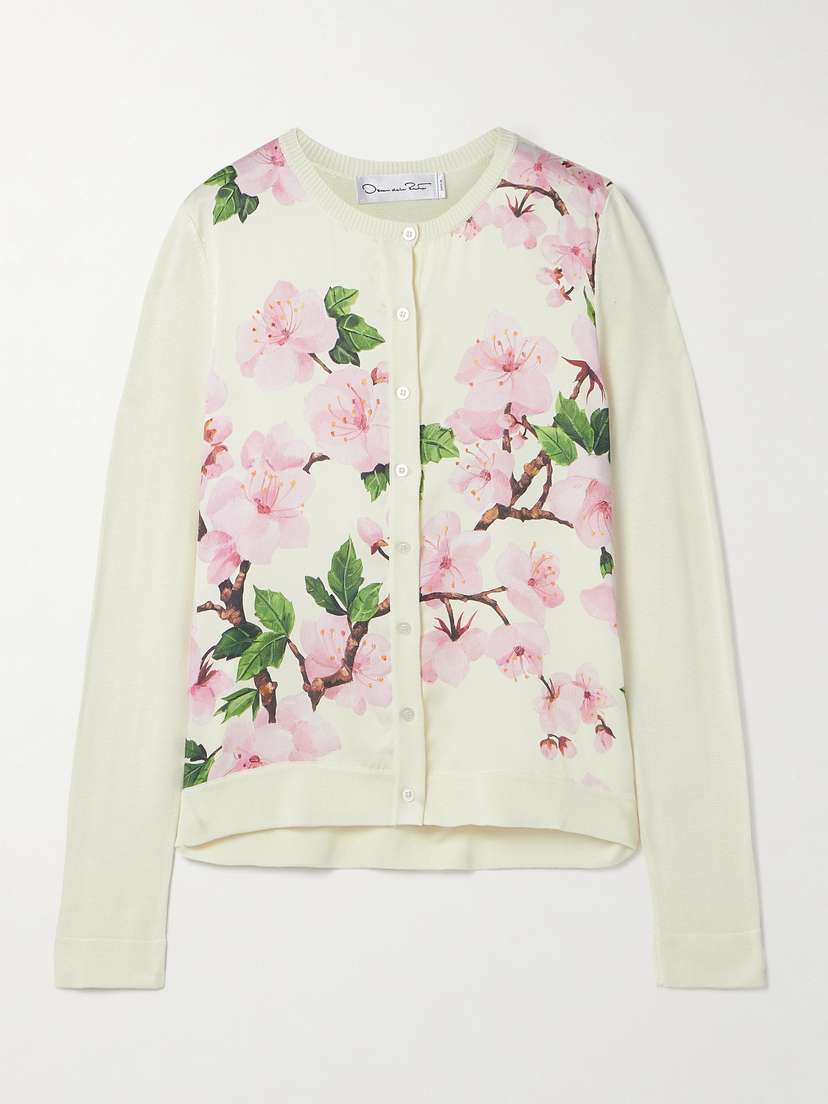 Oscar de la Renta Paneled Knitted And Floral-print Silk-blend Twill Cardigan