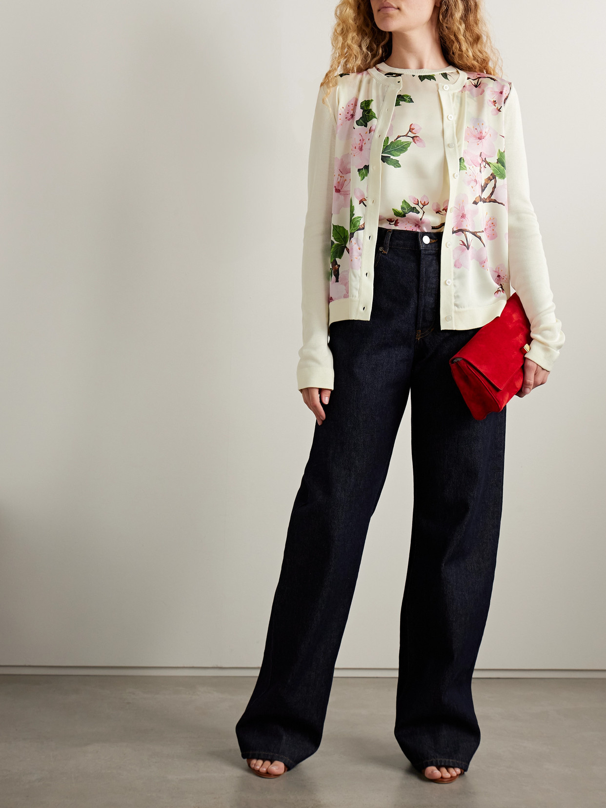 Oscar De La Renta Paneled Knitted And Floral-print Silk-blend Twill Cardigan