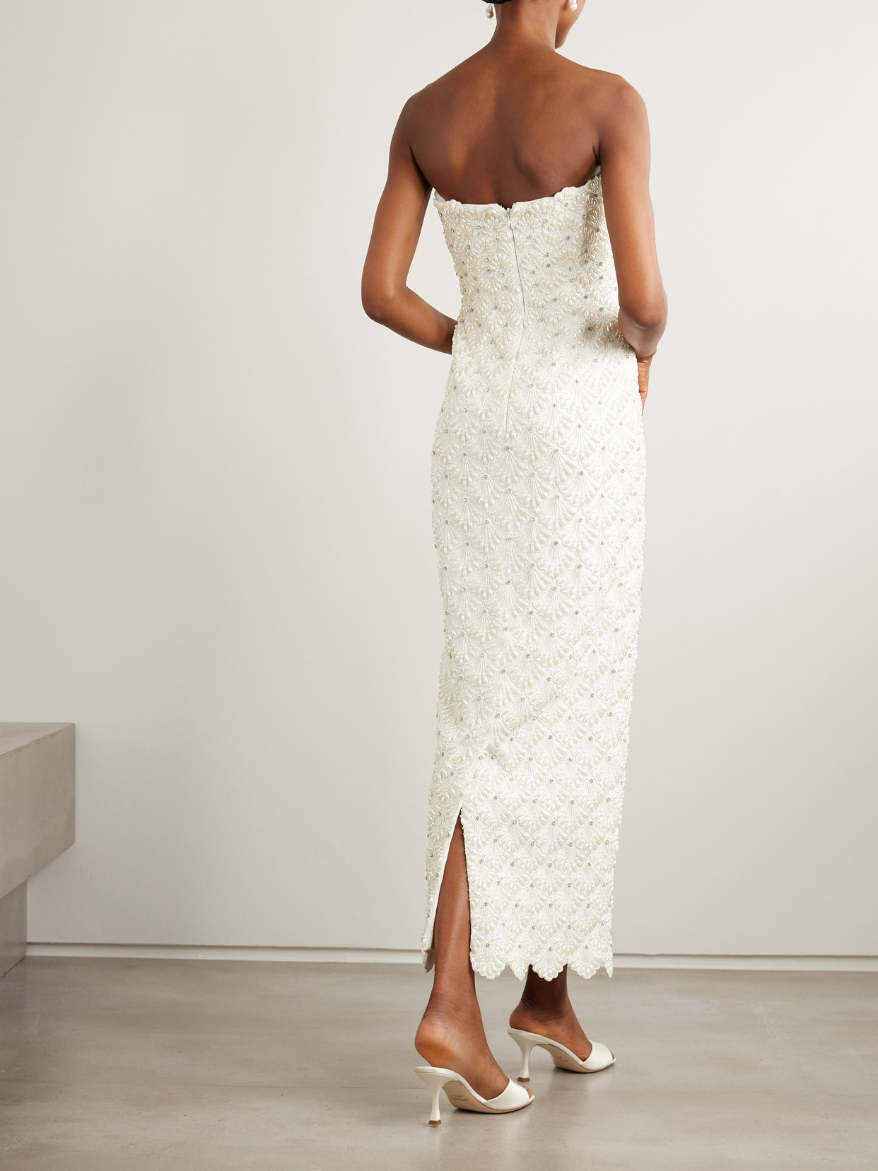 Clio Peppiatt Strapless Scalloped Embellished Taffeta Gown In White