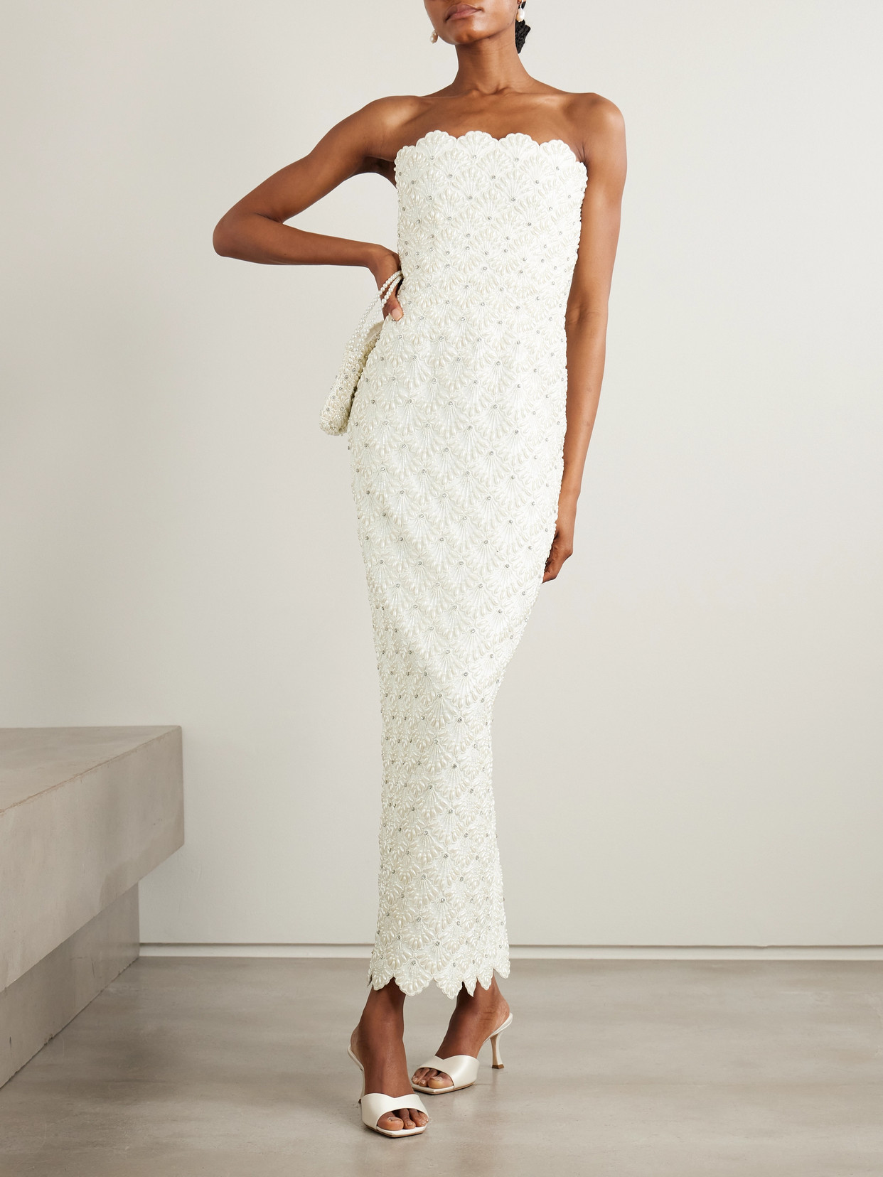 Clio Peppiatt Strapless Scalloped Embellished Taffeta Gown In White