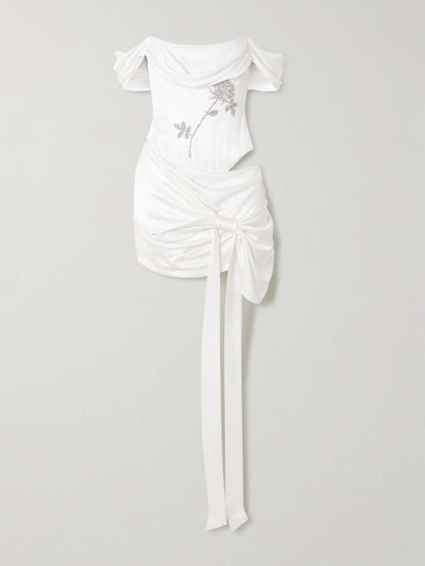 Clio Peppiatt Paloma Convertible Draped Embellished Satin Mini Dress