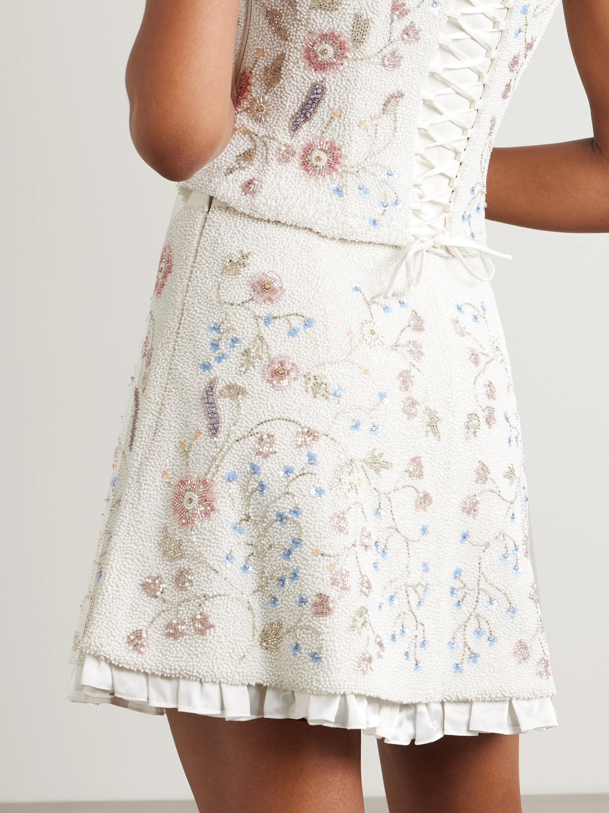 Clio Peppiatt Sophie Satin-trimmed Embellished Beaded Stretch-tulle Mini Skirt In White