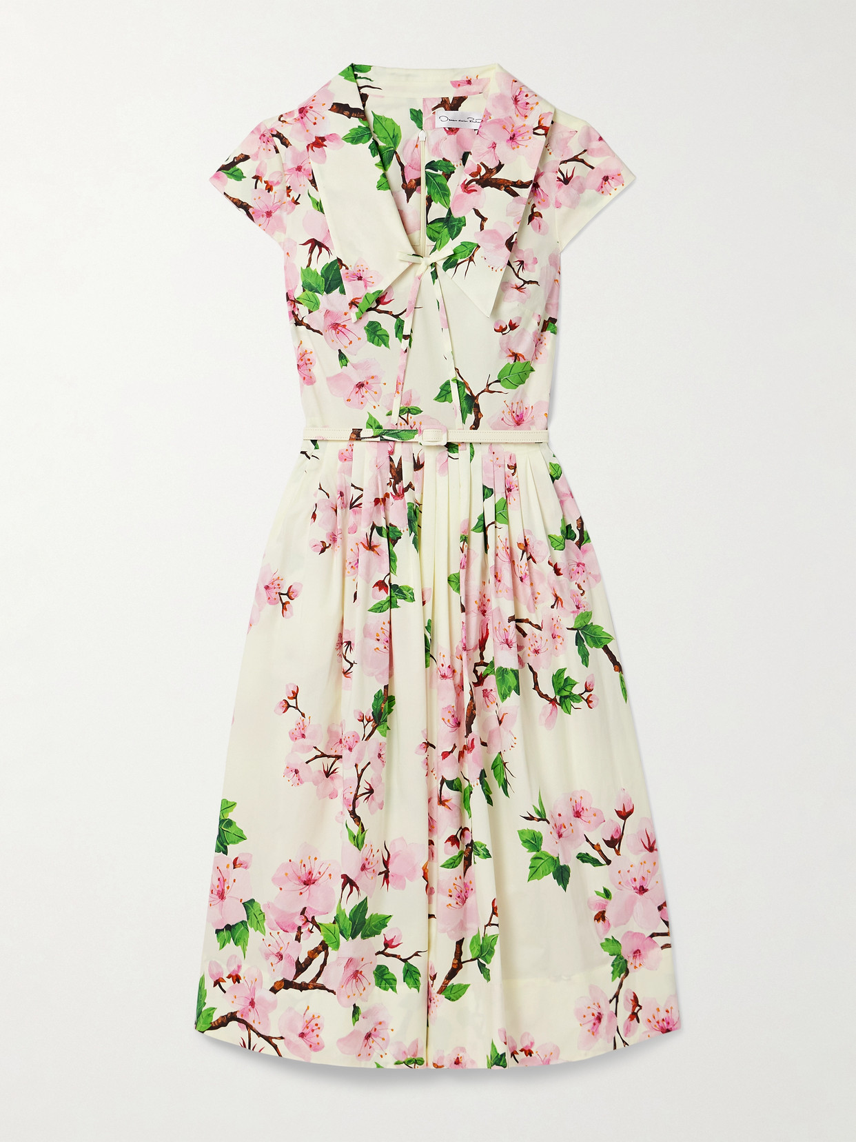 Oscar De La Renta Belted Pleated Printed Cotton-blend Poplin Midi Dress