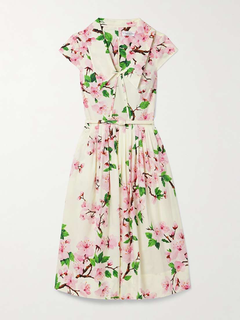 Oscar de la Renta Belted Pleated Printed Cotton-blend Poplin Midi Dress