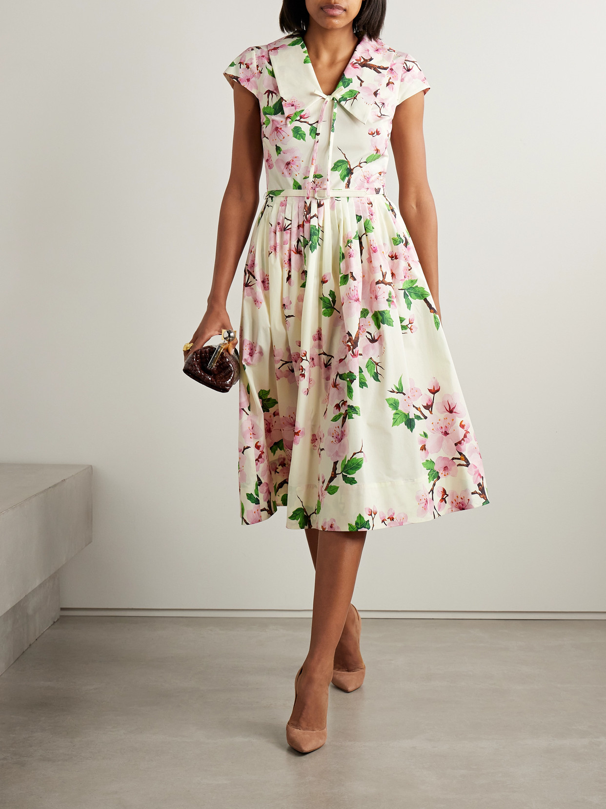Oscar De La Renta Belted Pleated Printed Cotton-blend Poplin Midi Dress