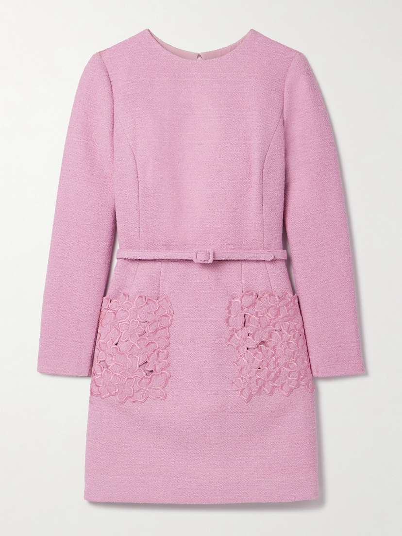 Oscar de la Renta Belted Embroidered Cotton-blend Bouclé-tweed Mini Dress