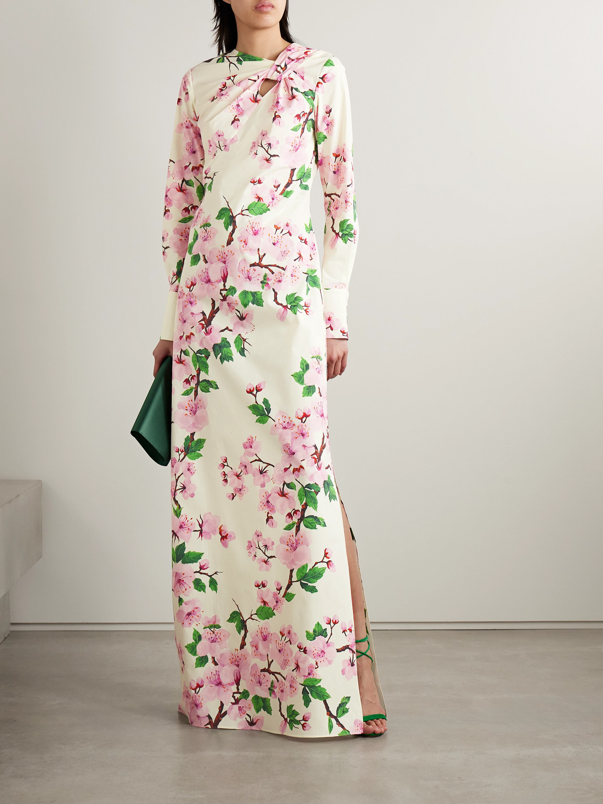 Oscar De La Renta Cutout Floral-print Stretch-cotton Poplin Gown