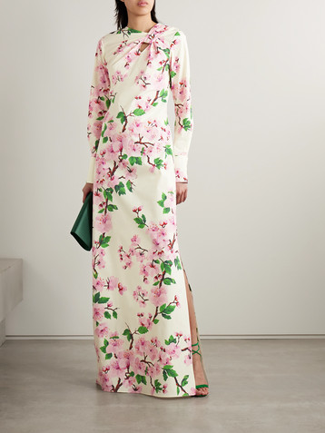 Oscar de la Renta Cutout floral-print stretch-cotton poplin gown