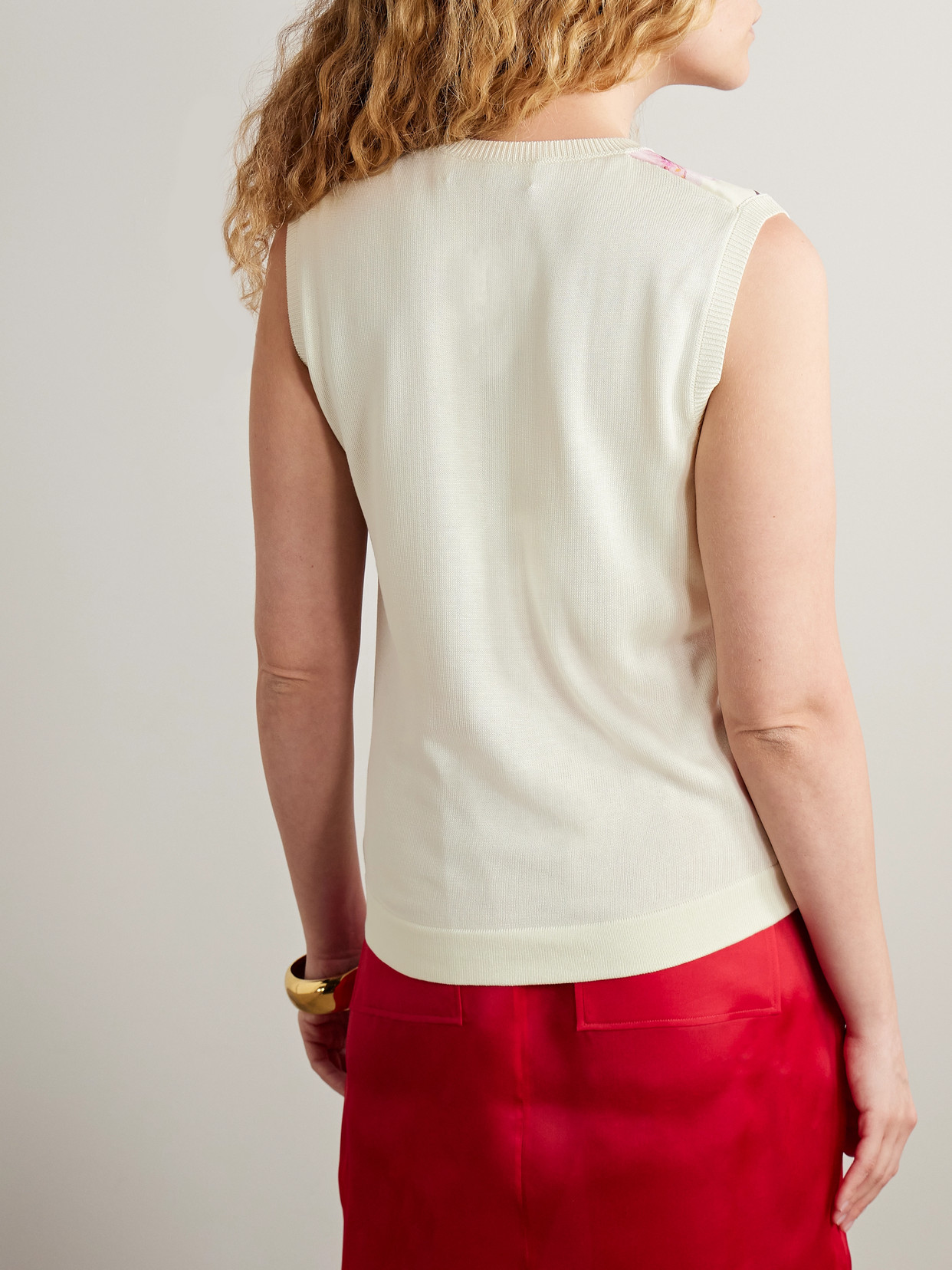 Oscar De La Renta Paneled Knitted And Floral-print Silk-blend Twill Tank In White
