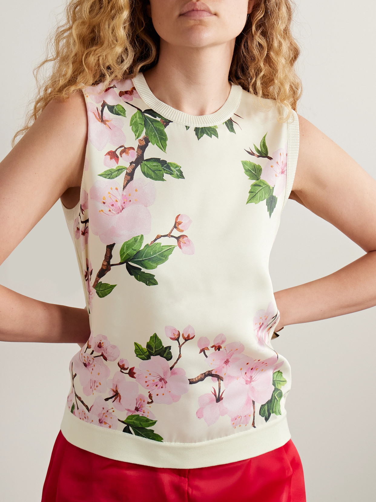 Oscar De La Renta Paneled Knitted And Floral-print Silk-blend Twill Tank In White