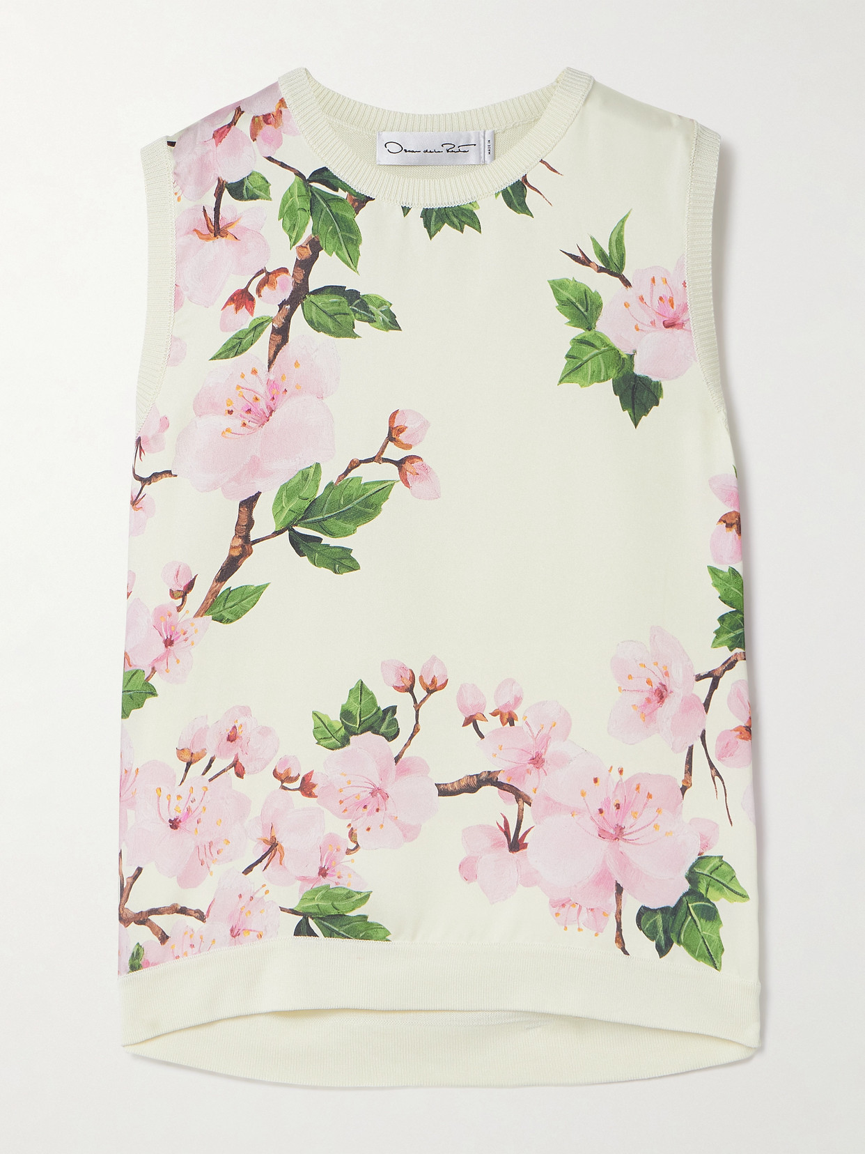Oscar De La Renta Paneled Knitted And Floral-print Silk-blend Twill Tank In White