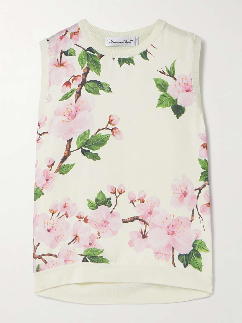 Oscar de la Renta Paneled Knitted And Floral-print Silk-blend Twill Tank