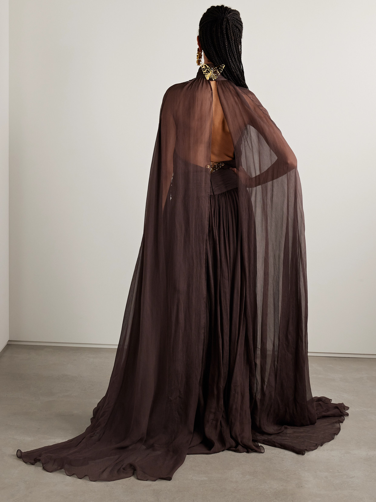 Oscar De La Renta Embellished Cape-effect Gathered Silk-crepon Gown In Brown