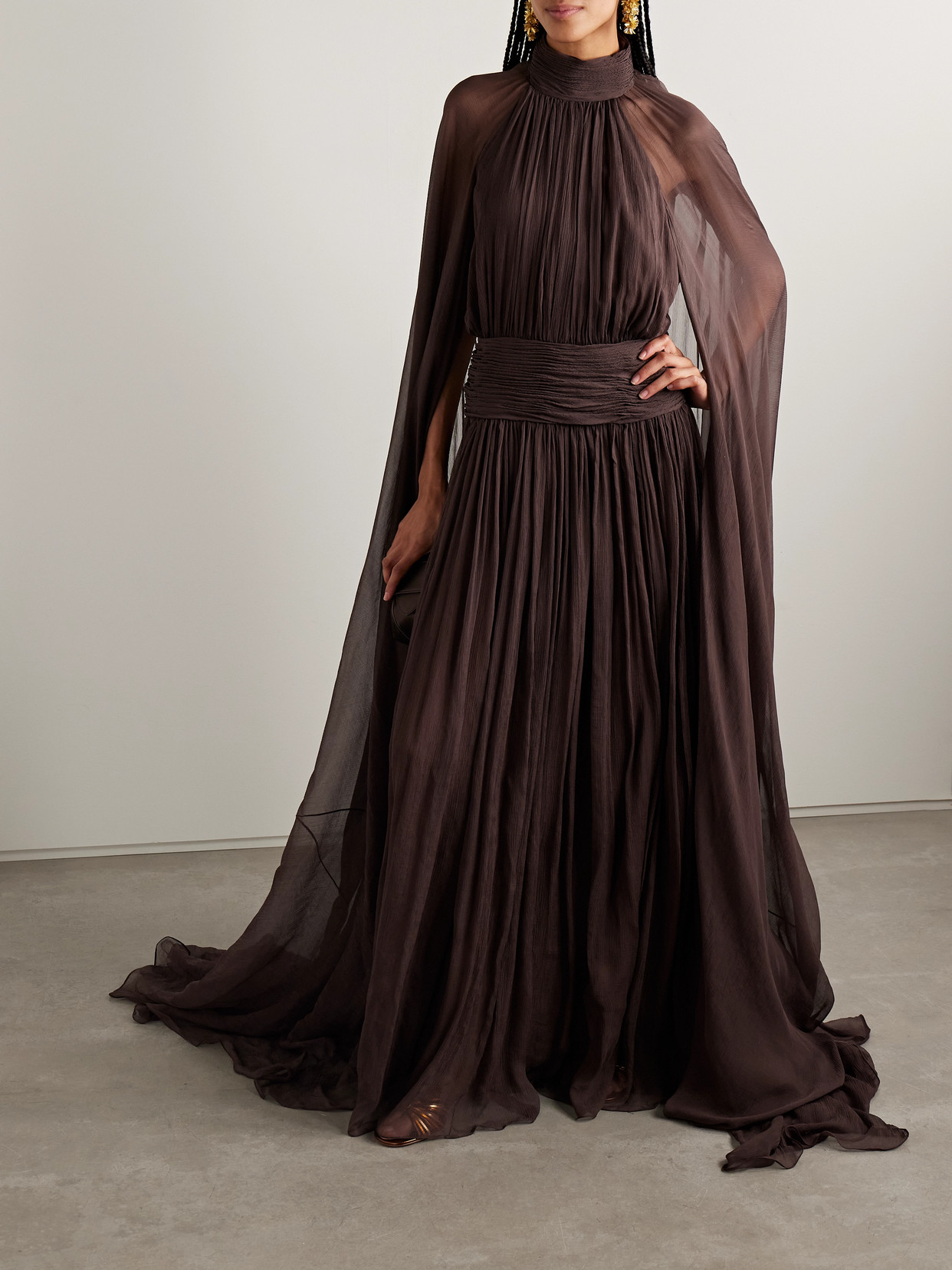 Oscar De La Renta Embellished Cape-effect Gathered Silk-crepon Gown In Brown