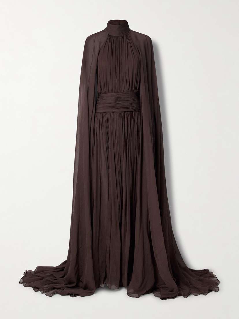 Oscar de la Renta Embellished Cape-effect Gathered Silk-crepon Gown