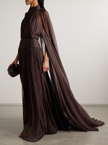 Oscar de la Renta Embellished cape-effect gathered silk-crepon gown