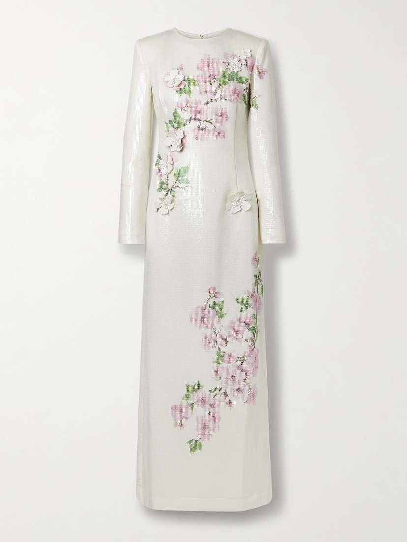 Oscar de la Renta Bead-emellished Appliquéd Sequined Crepe Gown