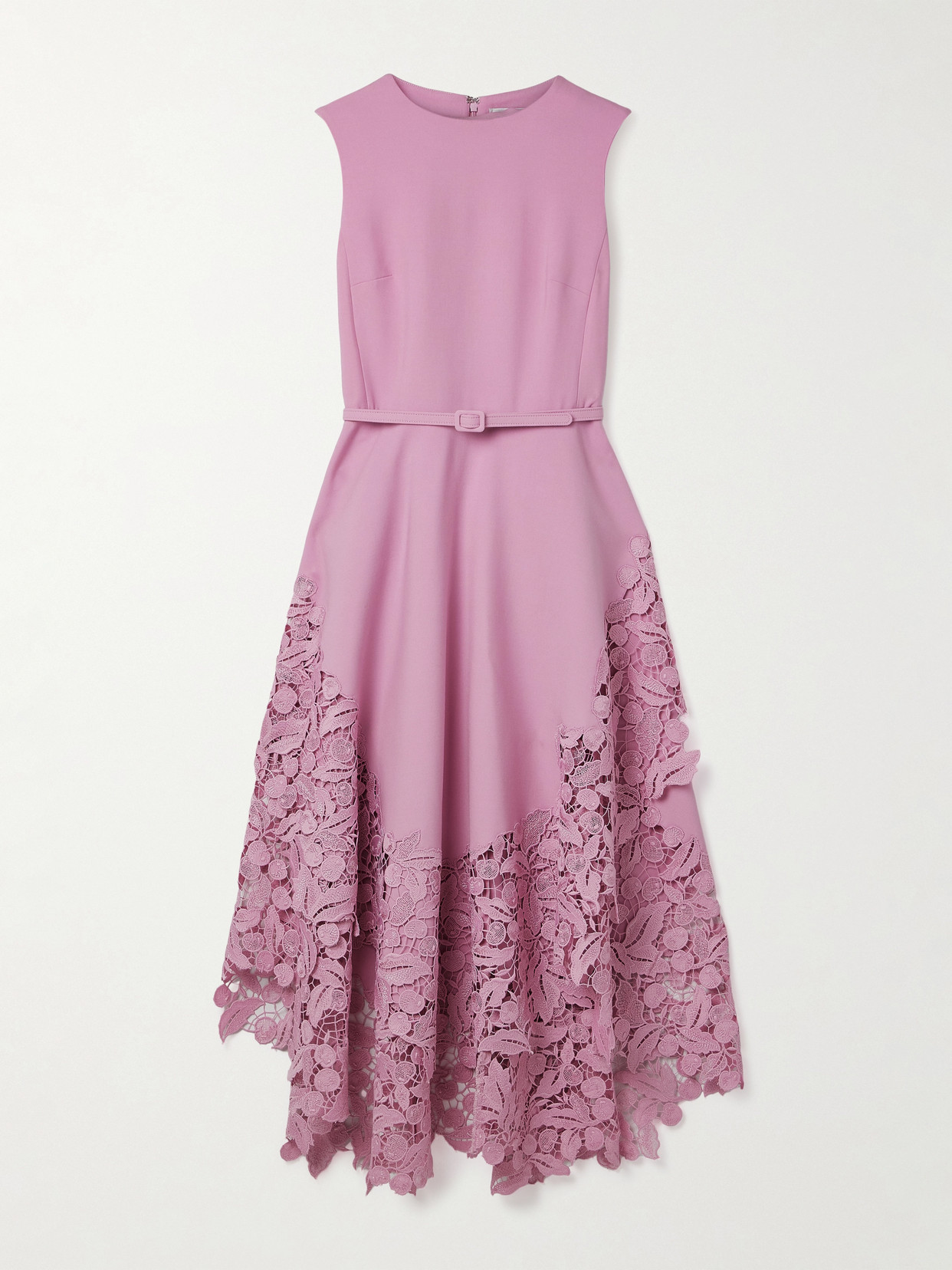 Oscar De La Renta Belted Guipure Lace-trimmed Wool-blend Crepe Midi Dress